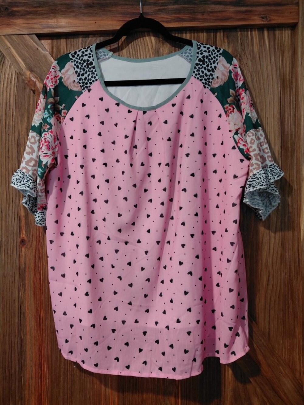Womens XXL Pink Heart Floral Mixed Print Blouse Ruffle Sleeve Lined Boho NWOT